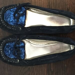 Girls Blue Sequin toe loafers